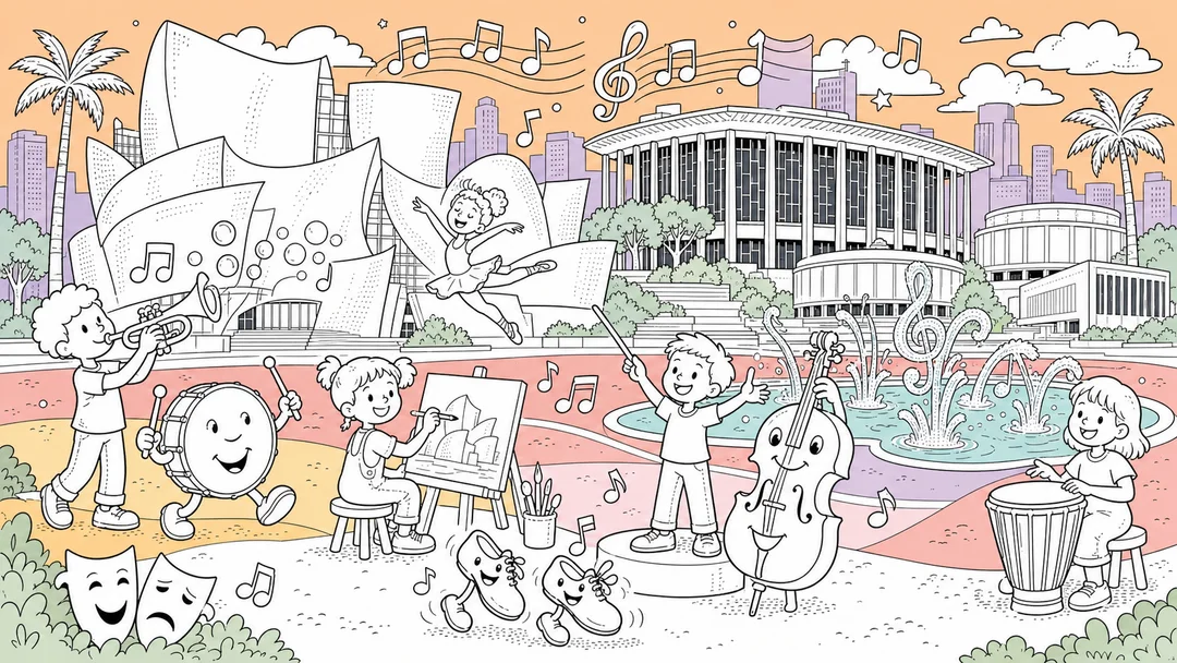 Colouring-in scene of a city arts precinct - children playing instruments and painting outside a concert hall