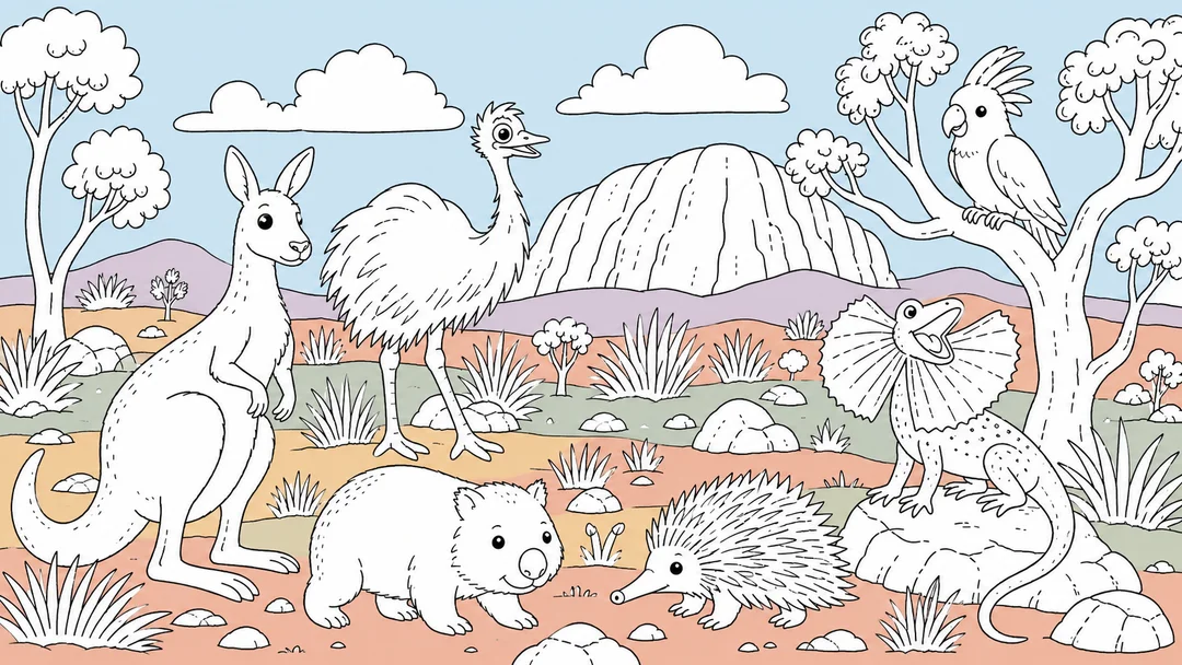 Colouring-in scene of Australian animals - a kangaroo, emu, wombat, echidna and cockatoo in the outback
