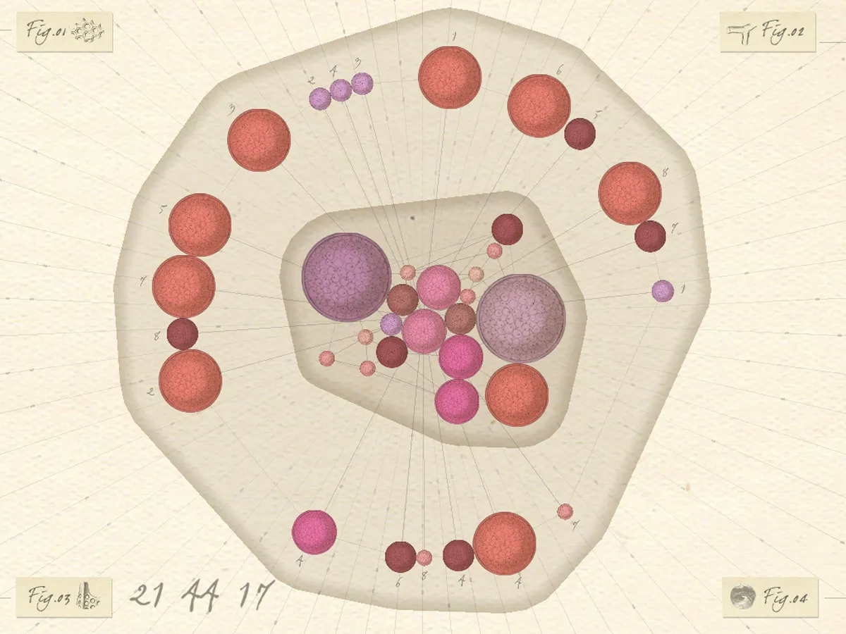 Haeckel Clock - app screen reading 21 44 17, coral and purple spheres held inside nested plate shapes with Fig.01 to Fig.04 corner labels