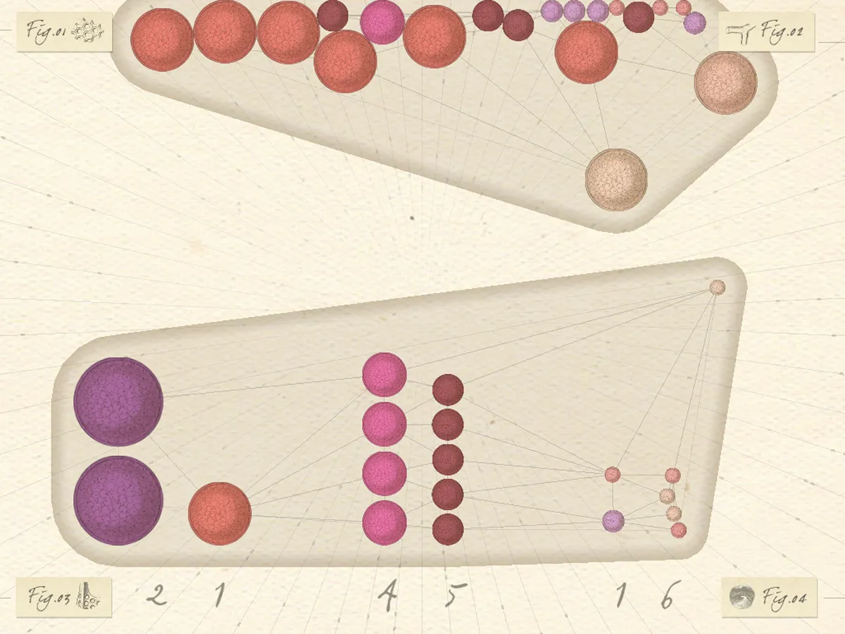 Haeckel Clock - app screen with spheres split across two elongated plates, the hours and minutes pencilled below as 2 1 4 5 1 6