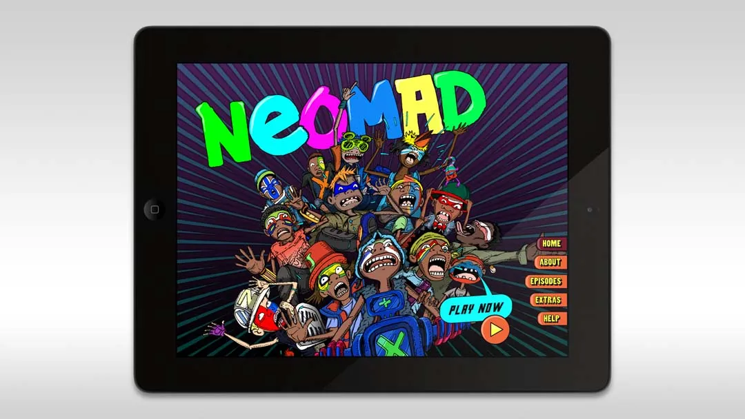 Interactive Storytelling - the NEOMAD home screen on an iPad, the outback space-opera cast crowded around the logo above a Play Now button