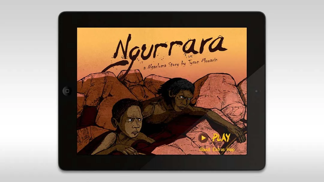 Interactive Storytelling - the Ngurrara storybook on an iPad, its title screen crediting a Ngarluma story by Tyson Mowarin over two figures among red rocks