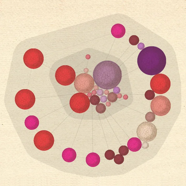 Haeckel Clock - ring of red, magenta and purple spheres linked by fine radiating lines on aged cream paper, the digits of the time grouped at centre