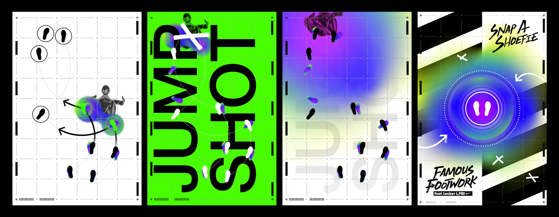 Famous Footwork floor design system — four poster compositions covering Jump Shot, footwork choreography, Snap A Shoefie, and Foot Locker LAB branding