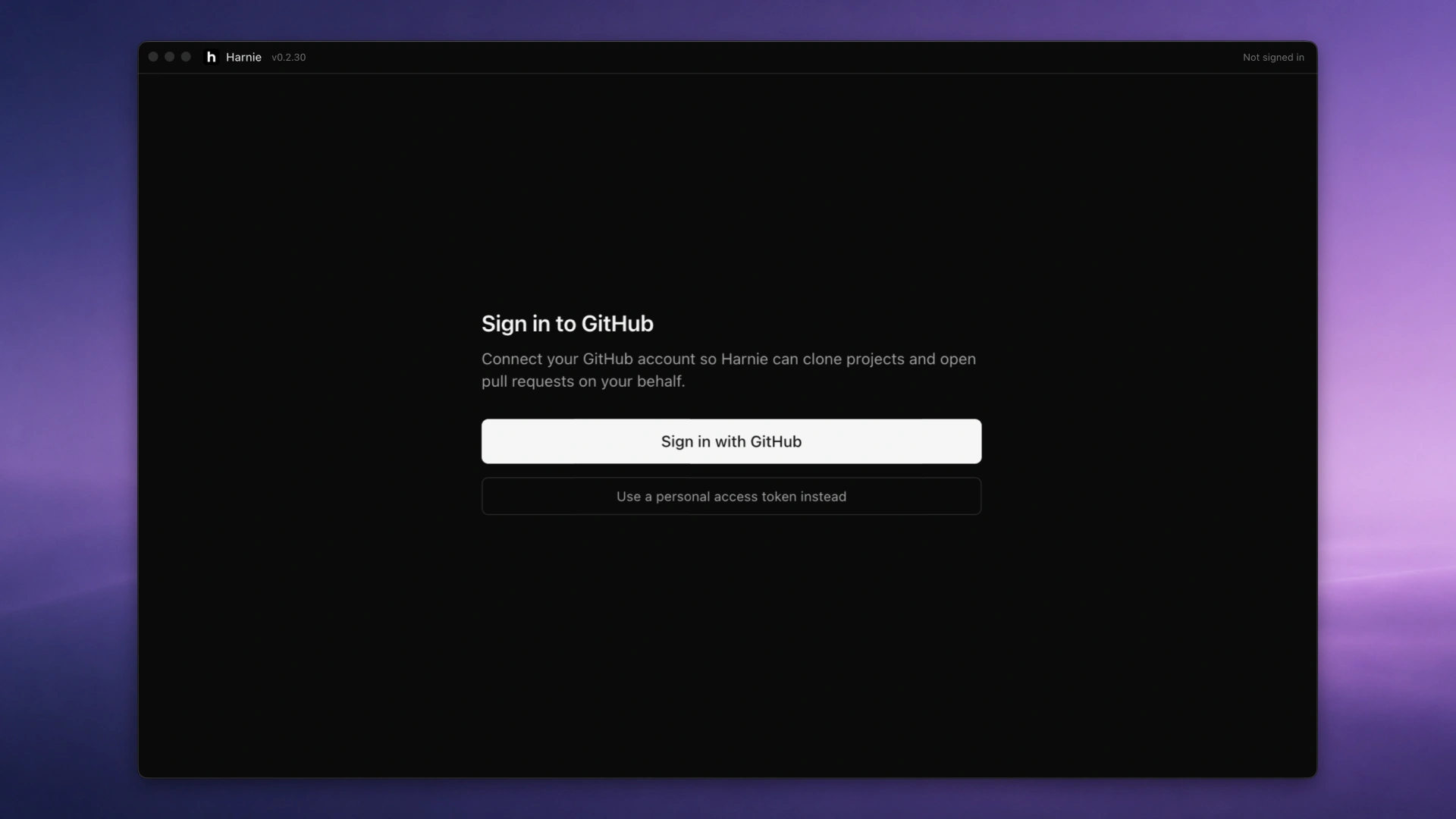 Harnie sign-in screen showing the GitHub authorisation prompt to connect your project