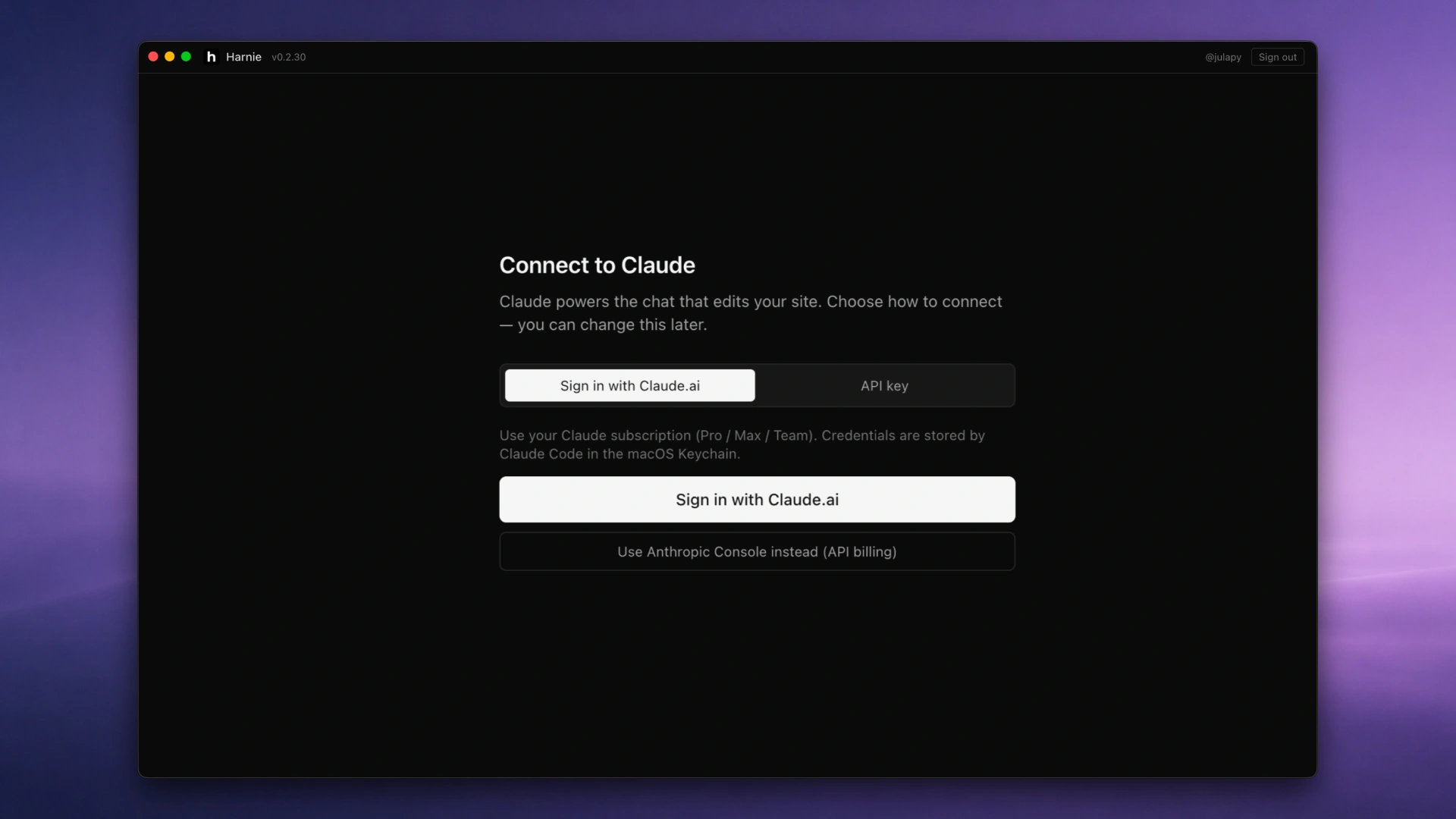Harnie Claude account connection screen