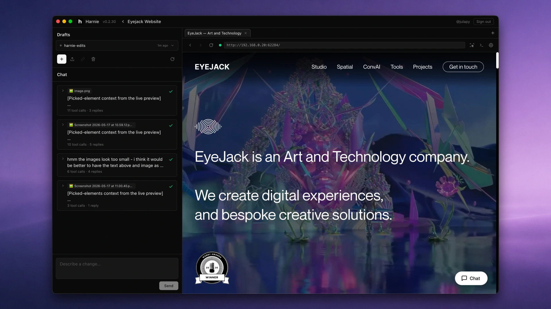 Harnie built-in browser showing the project website running live