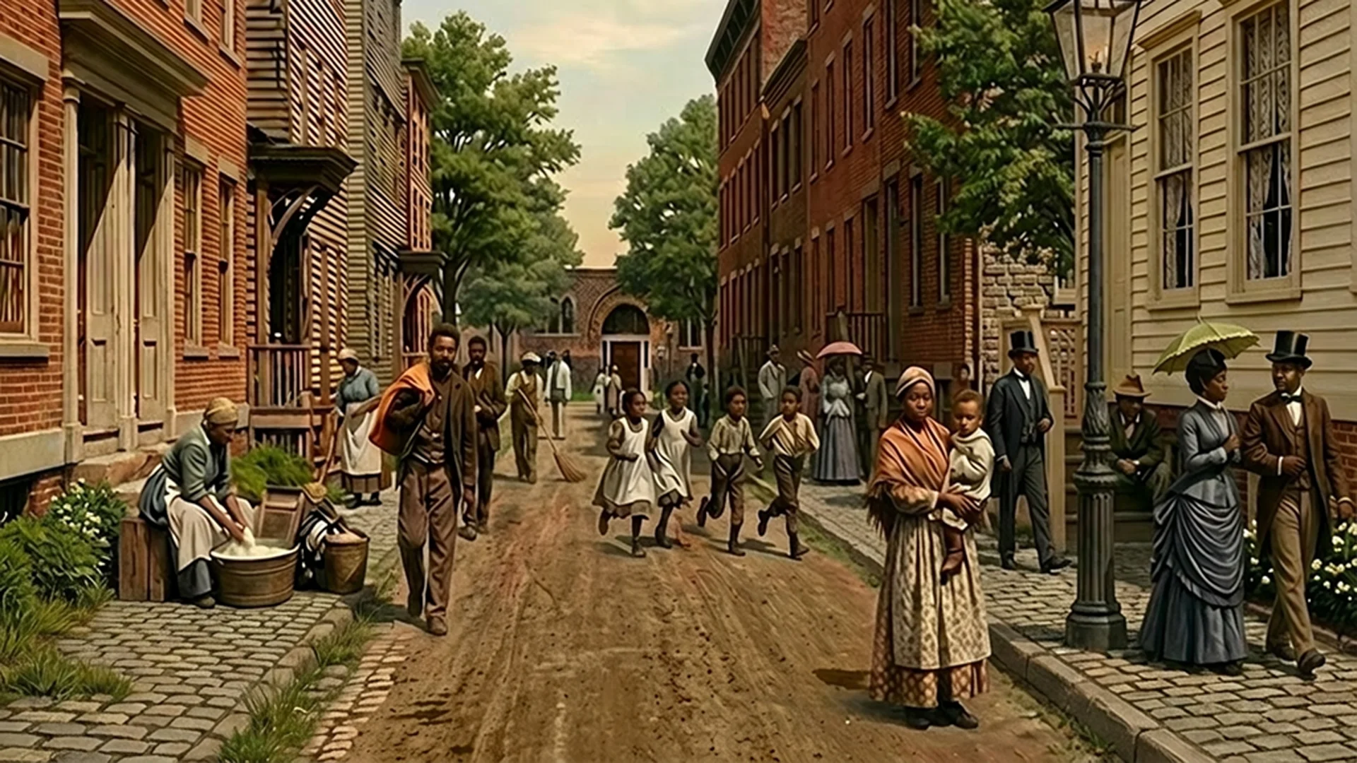 Mama Joys Walk - cinematic reconstruction of a 19th-century Brooklyn street, African-American families and children on a cobblestone-lined dirt road