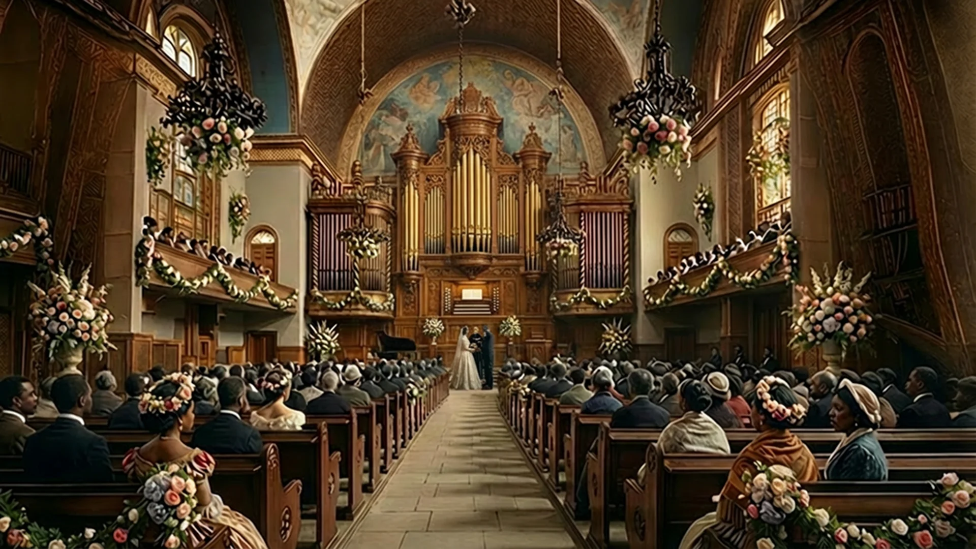Mama Joys Walk - cinematic reconstruction of Henry and Sarah Garnet’s wedding in a grand 19th-century Brooklyn church, guests filling the pews