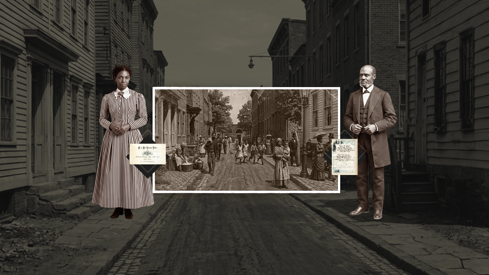 Mama Joys Walk - Sarah Smith Garnet and Henry Highland Garnet beside an archival panel in a reconstructed Brooklyn street