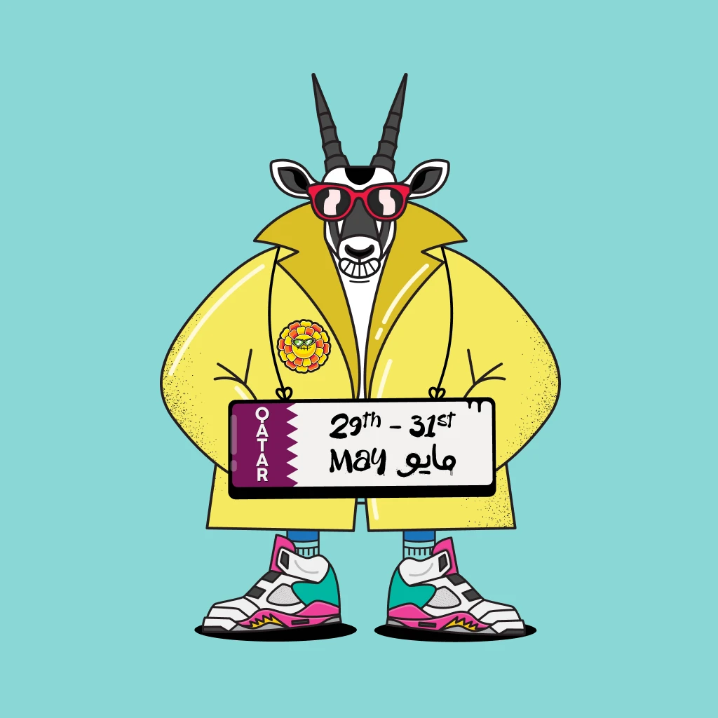 Sneaker Con Doha character - oryx mascot in a yellow trenchcoat holding a 29th-31st May Qatar event sign